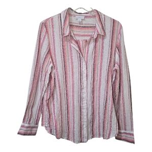 Liz Claiborne Linen Vertical Stripe Button-Up Blouse Large Coastal Resort Spring